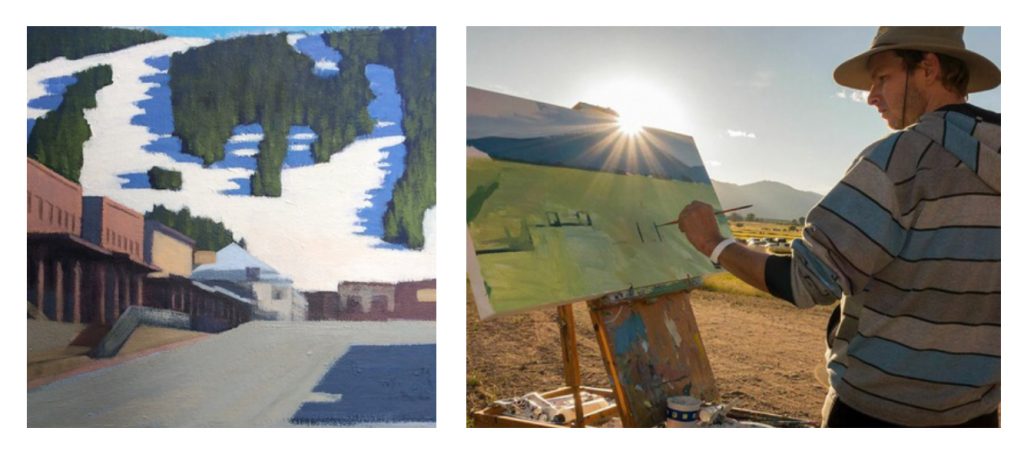 Travis Walker painting outdoors and one of his paintings of Snow King Mountain mountain Jackson.